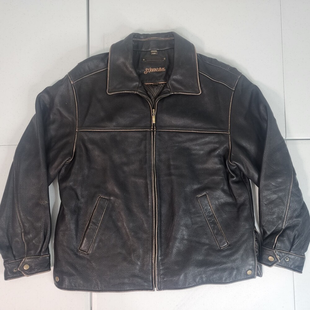 Musty Odor St. John’s Bay Men L 100% leather Brown Distressed Motorcycle jacket